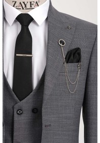Resim Zayfa Gri 2 Düğme Slim Fit Yelekli Erkek Takım Elbise 