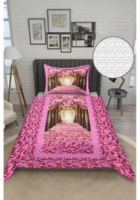 Resim Pembe Ağaç Desenli Kadife Kumaş Kapitoneli Tek Kişilik Yatak Örtüsü Seti 2 Parça Tky0048 Çok Renkli 