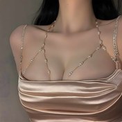 Resim Kadınlar için Şık Altın Tonlu Sahte Vücut Zinciri - Partiler, Gece Kulübleri ve Özel Günler için Seksi Alaşım Omuz & Göğüs Takı Aksesuarı 