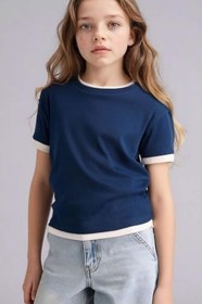 Resim DeFacto Kız Çocuk Slim Fit Ribana Kısa Kollu Tişört Lacivert 