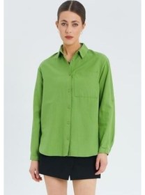 Resim Mixray 9942 Kadın Oxford Uzun Kol Basic Gömlek Fıstık Yeşili 