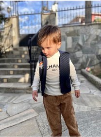 Resim 3-4-5 Yaş Fitilli Kadife Pantolon Kapitone Kapşonlu Yelek Uzun Kollu Sweat 3lü Erkek Çocuk Takımı Fü Füme 