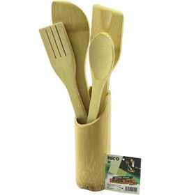 Resim 5pcs Ahşap Bambu Mutfak Seti Stand - Kaşık - Çatal - 2 Spatula Fileli 4741 Açık Mavi 