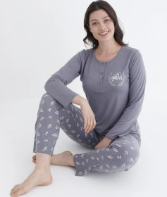 Resim Gd Goldoremi 790-31 Kadın Düğmeli Yaka Uzun Kollu Pijama Takım gri 