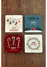 Resim Doğal Taş Bardak Altlığı - Mery Christmast Baskılı 10x10cm Yeni Yıl Stone Coasters 492 Çok Renkli 