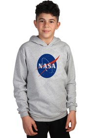 Resim Raf Coll Unisex Çocuk Gri Melanj Nasa Dijital Baskılı Iki Iplik Içi Şardonlu Kapüşonlu Sweatshirt 