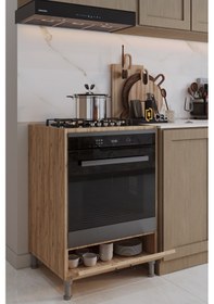 Resim Cebese Ankastre Fırın Ve Ocak Dolabı Ayaklı Siyah Kulplu Modern Mutfak Dolabı Beyaz Renk Kahverengi 