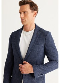 Resim AC&Co / Altınyıldız Classics Erkek Lacivert-beyaz Slim Fit Dar Kesim Mono Yaka Desenli Ceket Beyaz - Lacivert 