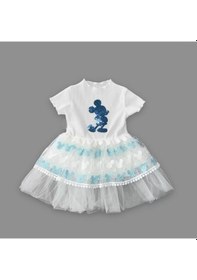 Resim 1-2-3 Yaş Payetli Mickey Baskılı Brode Etekli Kız Bebek Elbisesi Turkuaz Turkuaz 