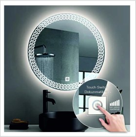 Resim Dnr-Mirror60 Cm Beyaz Ledli Tasarım Kumlamalı Dokunmatik Tuşlu Banyo Aynası Makyaj Aynası Işıklı Ayna 