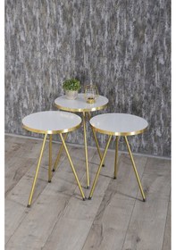 Resim Zigon Sehpa Ve Orta Sehpa Elips Gold Metal Ayak Gold Beyaz Set 