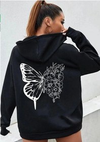 Resim Siyah Oversize 3 Iplik Kalın Içi Polarlı Fermuarlı Kelebek Baskılı 1.kalite Bol Kesim Sweatshirt Siyah 