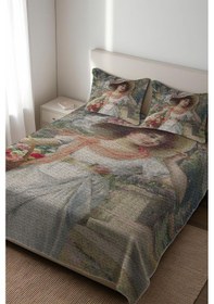 Resim Parlak Kadife Kumaş Kapitoneli Çift Kişilik Yatak Örtüsü Seti 3 Parça Cky0018 Renkli 