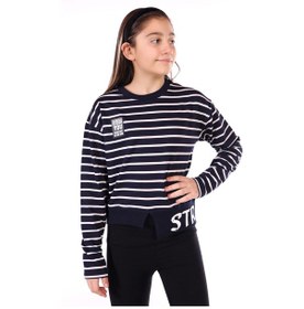 Resim Toontoy Kız Çocuk Çizgili Striped Baskılı Sweatshirt Lacivert 