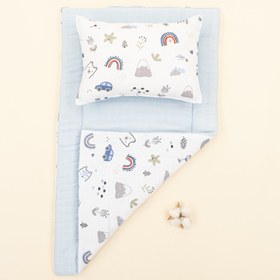 Resim Alt Açma Matı ve Yastık - Çift Taraflı - Mavi Muslin - Mavi Kedi 