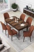 Resim Canisa Par Serisi 70x114, Açılabilir Mdf Yemek Masası Barok Ahşap Desen Masa Ve 6 Kiremit Sandalye Takımı 