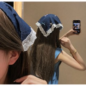 Resim synshop Mavi Kadın & Kız Çocuk Dantel Detaylı Bandana - Kot Görünümlü Üçgen Saç Bandı Taç Vintage Yazlık 