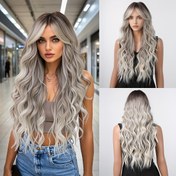 Resim 26 İnç Ombre Gri Kıvırcık Dalga Peruk, Zarif Yüksek Sıcaklık Fiber Sentetik Saç, Kadın Moda Peruk ile Gül Ağı Kapağı, Günlük, Partiler, Müzik Festivali, Cosplay için 150% Yoğunluk 