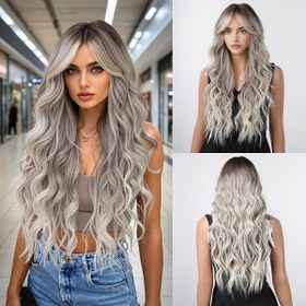 Resim 26 İnç Ombre Gri Kıvırcık Dalga Peruk, Zarif Yüksek Sıcaklık Fiber Sentetik Saç, Kadın Moda Peruk ile Gül Ağı Kapağı, Günlük, Partiler, Müzik Festivali, Cosplay için 150% Yoğunluk 