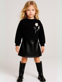Resim Kız Çocuk Çiçek Desenli Sweatshirt-16127 Siyah 