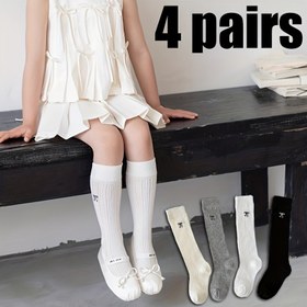 Resim 4 Çift Kızların Nefes Alabilen File Diz Üstü Çorapları - Yumuşak Yaz Çorapları Siyah, Gri, Bej ve Beyaz Renklerde, Gençler ve Gençler İçin Mükemmel, Gençler Çorapları, Oynak Gençler Ayakkabıları, Dekoratif Kabartmalı Manşetler 