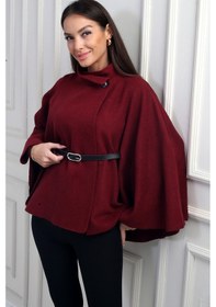 Resim By Saygı Kadın Düğmeli Beli Kemerli Kaşe Panço Bordo 