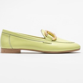 Resim Elle Yeşil Deri Kadın Loafer 