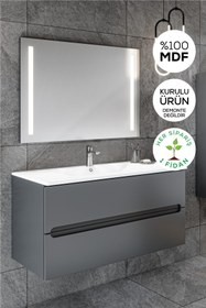 Resim BALNEOM Banyo Kadife Antrasit Soft Mat Hıgh Gloss Demonte 100 Cm Banyo Dolabı Led Işıklı Aynalı Üst Dolap 