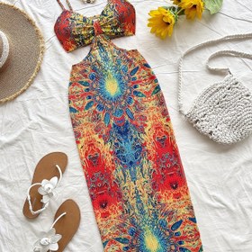 Resim Vibrant Retro Floral Halter Elbise - Ayarlanabilir Spagetti Askılar, Kadınlar için Kolsuz Bodycon Mini Elbise, Yaz Partileri ve Rahat Gezintiler için Mükemmel, Sevimli Elbise 