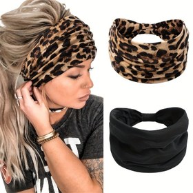 Resim 2 Adet Bohemian Chic Pamuk Karışımı Başlıklar, Örgü Bağlı Düğme Tasarımı, Moda Spor & Yoga Baş Giysisi, Leopar & Tek Renk Seçenekleri, Normal Saç İçin Bataryaya Gerek Yok 