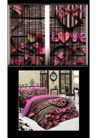 Resim Love Çift Kişilik 4 Parça Nevresim Takımı Ve 2 Adet Fon Perde 