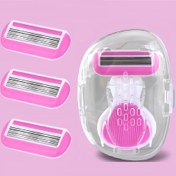 Resim 1+4 Adet Pembe Mini Tıraş Makinesi Seti (1 Adet Tutucu ve Kılıf ile + 3 Adet Bıçak) / 1 Adet Pembe Mini Tıraş Makinesi (Tutucu ve Kılıfla), Kadınlar için 6 Katmanlı Manuel Tıraş Makinesi - Kaymaz Sap, Yedek Bıçaklar, Epilasyona Uygun 