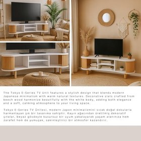 Resim Oturma Odası için Modern TV Sehpası, Depolama Raflı Ahşap Eğlence Merkezi, Beyaz ve Doğal Boho Tarzı Medya Konsol Masası, 65 İnçe Kadar TV'ler için, Eğimli Tasarım 