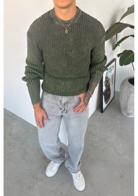 Resim Haki Acid Wash Fitilli Oversize Triko Kazak Haki 