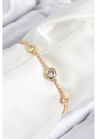 Resim Pirinç Zirkon Taşlı Daire Model Gold Renk Asansörlü Kadın Bileklik Çok Renkli 