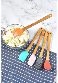 Resim Thentech 5'li Silikon Servis Spatulası Yumurta Sürme Fırçası Silikon Kaşık Tahta Saplı Hijyenik Set Kahverengi 