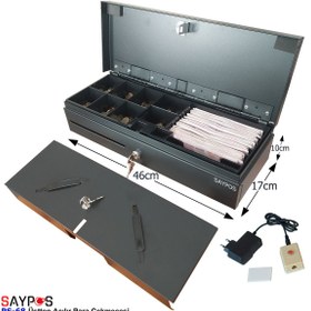 Resim SAYPOS Kolay Açma Butonlu Flip Top Para Çekmecesi Anahtarlı Üstü Açılır Metal Para Kasası 46x17x10cm 
