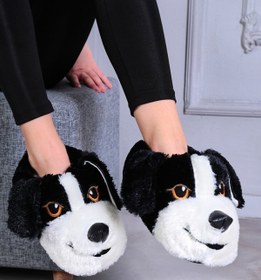 Resim KAYGISIZ KUNDURA Kadın Siyah Köpek Figürlü Panduf Ev Içi Bot Kışlık Sıcak Tutan Panduf 