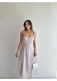 Resim Fiyonk Askılı Yırtmaç Detaylı Puantiyeli Midi Elbise Mavi / Pembe / Vizon / Somon Vizon 