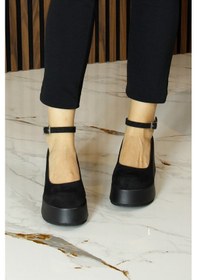 Resim Erkan Saçmacı Nevada Siyah Süet Yuvarlak Burun Bantlı Dolgu Topuklu Günlük Ayakkabı Siyah 