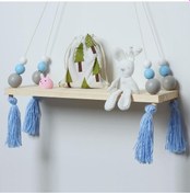 Resim Dekoratif Mavi Püsküllü Toplu Çocuk Odası Ahşap Duvar Rafı 