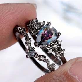 Resim Lüks Gotik Siyah İki Parça Yüzük Seti, Şık ve Benzersiz Kadın Davet Parti Yüzükleri, Özel Günler,Gotik Yüzükler,Moda Yüzükleri,Gotik Estetik 