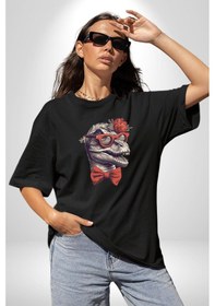 Resim Kırmızı Gözlük Papyon Dinazor Pamuklu Bisiklet Yaka Unisex Oversize Boyfriend Dijital Baskılı Siyah T-shirt Siyah 
