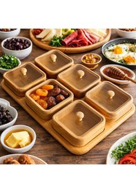 Resim Porsima Pbt-692 Bambu Ahşap 6lı Kapaklı Kahvaltılık Ve Çerezlik Seti - Tepsili Sunumluk Ahşap 