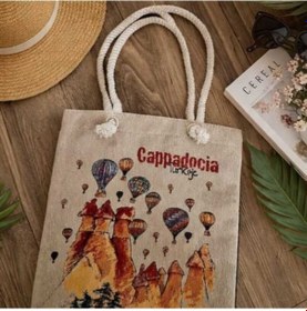 Resim Kapadokya Dokuma Heybe Çanta Kol Çantası Plaj Çantası Kadın Çanta Bej 