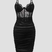 Resim Sexy dantel balık kemiği birleştirme şeffaf kırışıklık kalça elbise 