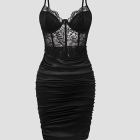 Resim Sexy dantel balık kemiği birleştirme şeffaf kırışıklık kalça elbise 