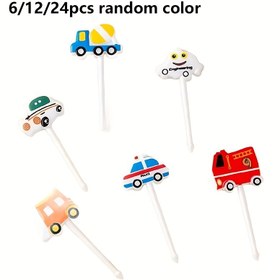 Resim 6/12/24'lü Rastgele Renkli Çizgi Film Araba Meyve Çatalları - İfade Dolu Gözlü Sevimli Araba Pasta Popları, Dayanıklı Plastik, Doğum Günü Partileri ve Tatil Kutlamaları İçin Mükemmel 