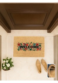 Resim Velkomstkrans 40x60 Cm, Çelenk Desenli Kapı Önü Koko Paspası Karşılama Temalı, Kaymaz Taban Açık Kahverengi 
