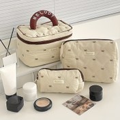 Resim Kadınlar için Kahve Bow Makyaj Çantası - Yüksek Değerli Taşınabilir Büyük Kapasiteli Kozmetik Organizatör Seti Üçü 